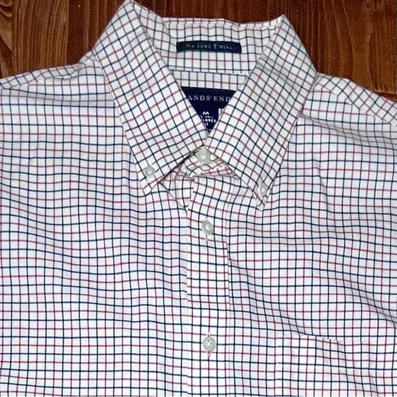 Lands’ End long sleeve button down sport shirt cream, red, and blue tattersall. - Picture 1 of 6